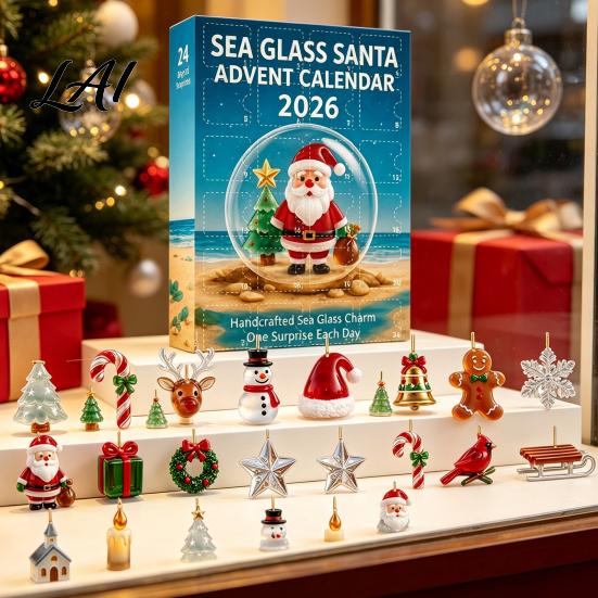2D Sea Glass Ornament Set Christmas Advent Calendar 2026 24 Days Acrylic Tree Bear Elk Snowman Holiday Ornaments Countdown for Tree Window
