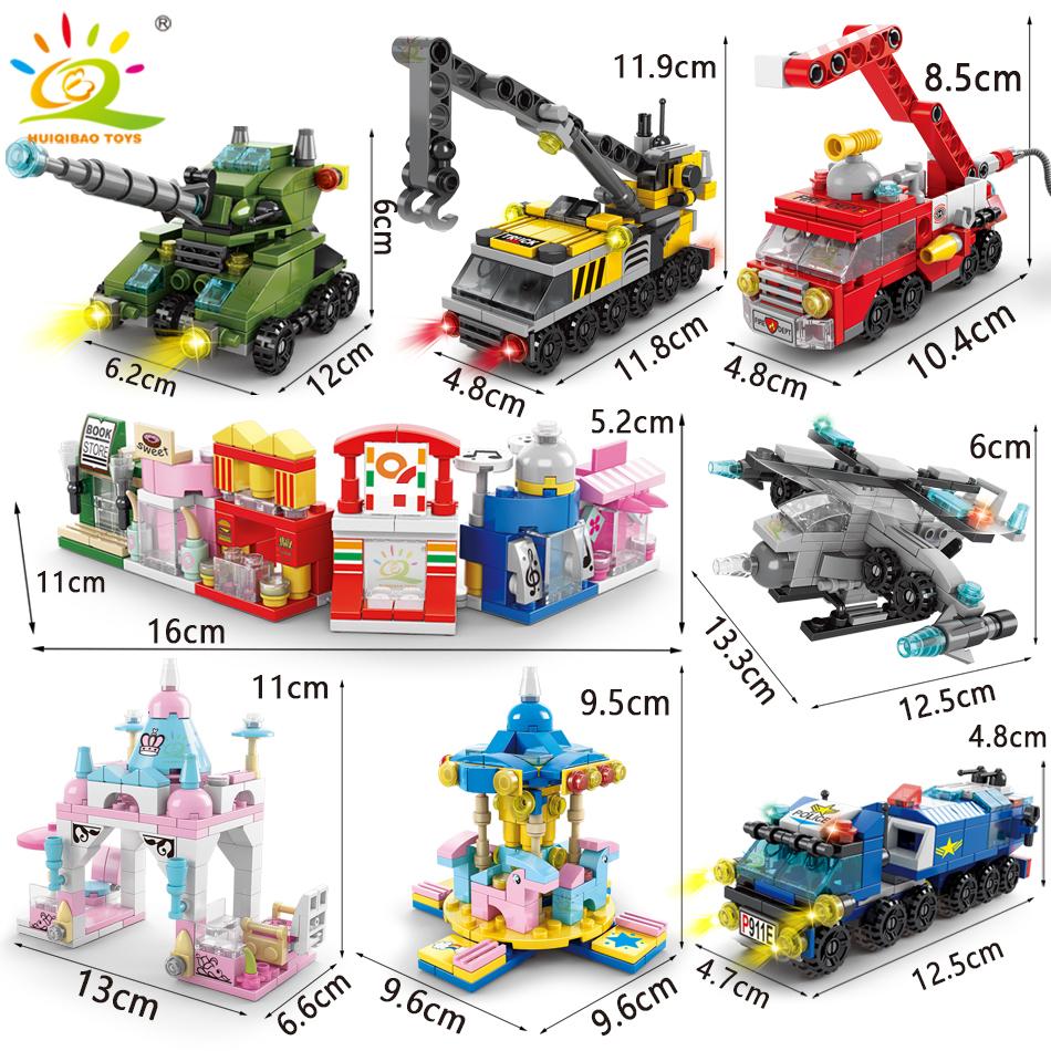 HUIQIBAO 6IN1 City Fire Car Police Truck Engineering Crane Building Blocks Tank Helicopter Bricks Set Toys for Children
