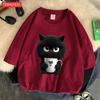 Футболка с принтом «Милый черный кот держит чашку», дышащая, приятная для кожи, с коротким рукавом, модная одежда в стиле Харадзюку, удобная мягкая футболка