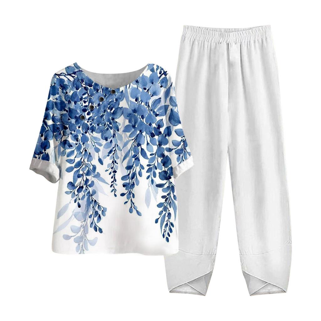 Women's Summer Half Sleeve Printed Tops Elastic Waist Nine Piece Pants Two Piece Set