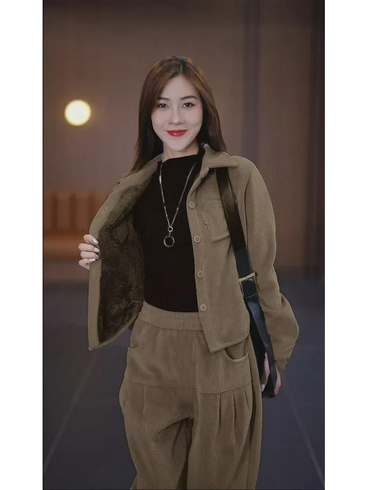 Women's Plush Thickened Casual Two-Piece Suit - Slim, Loose, Meat-Covering Fashion for Autumn & Winter 2024