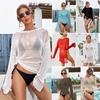 Women Sexy Long Sleeve See Through Top Mesh Sheer Tunic Beach Cover Up Cover-ups Beach Dress Beach Wear Beachwear Female