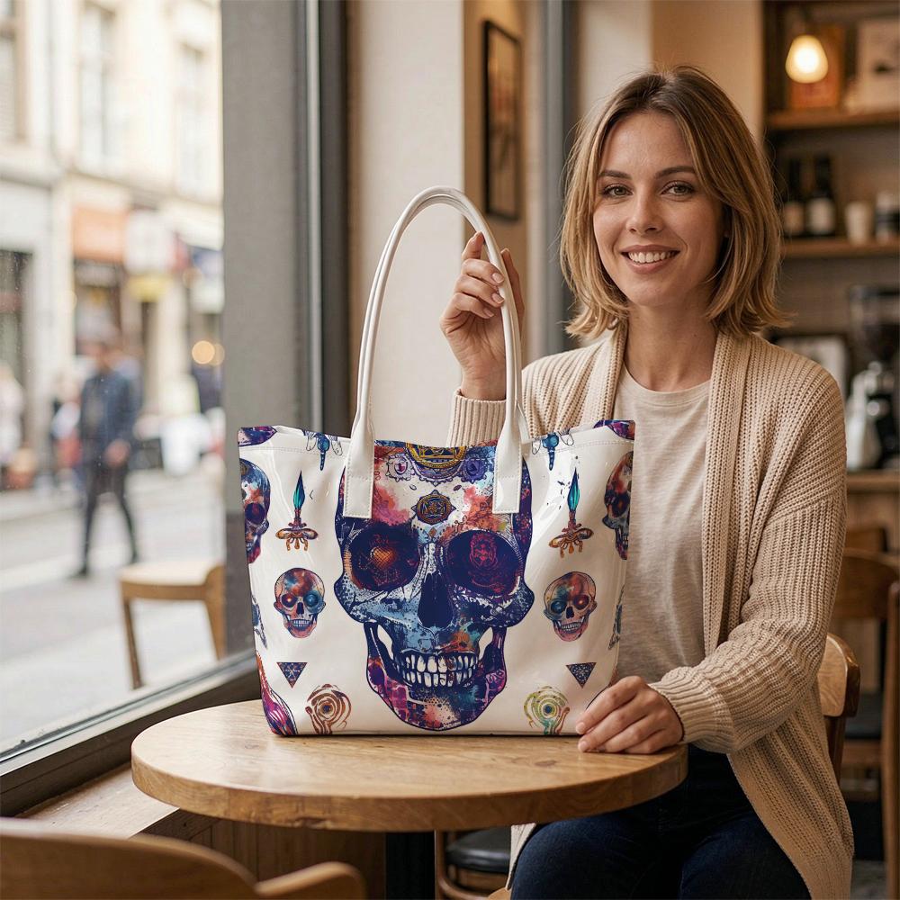 Colorful Skull Pattern Tote Bag Fashion Casual Portable Large Capacity Daily Use Shoulder Handbag