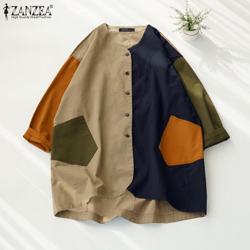 ZANZEA Женские осенние рубашки с круглым вырезом и длинным рукавом, контрастного цвета