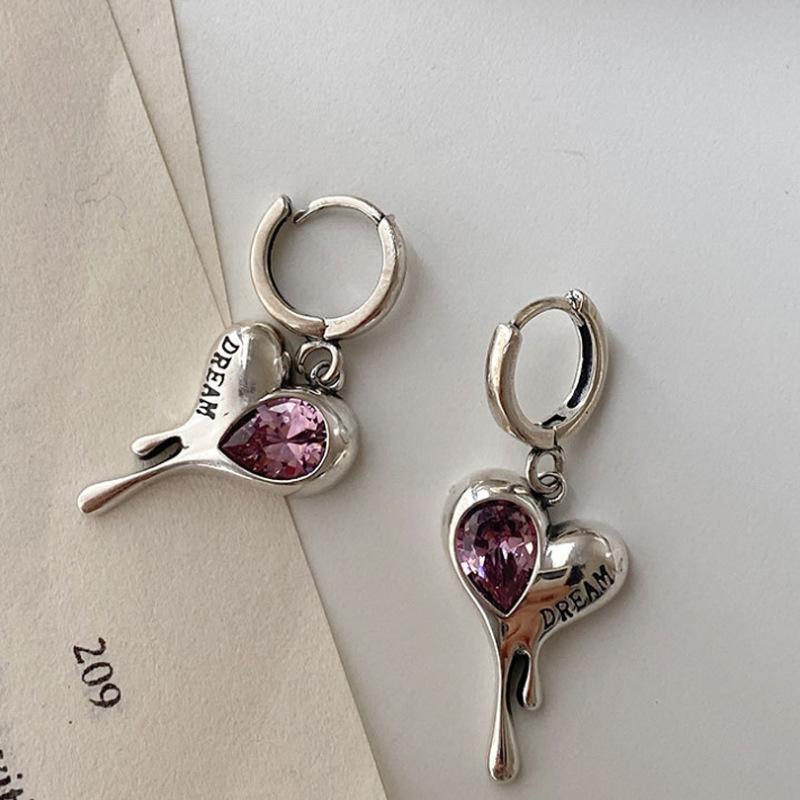 ANENJERY Special-Shaped Pink Zircon Heart Earrings Female French Retro Big Peach Heart Earrings for Women Party Jewelry Aretes