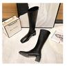 Leather Boots Women's Thick Heel Brown Square Head Tall Knight Boots But Knee Boots Elastic Long Tube 2021 Autumn and Winter
