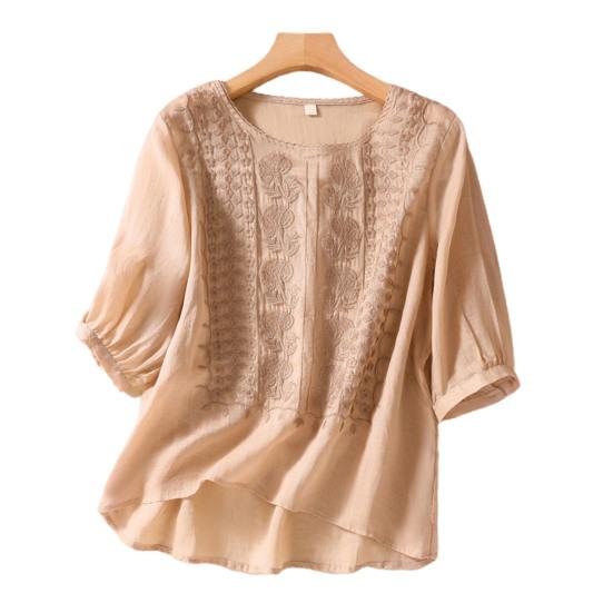 Женский летний топ с цветочной вышивкой, винтажная летняя блузка с круглым вырезом и половиной рукавов, тонкая Свободная летняя блузка в этническом стиле для свиданий, женская одежда