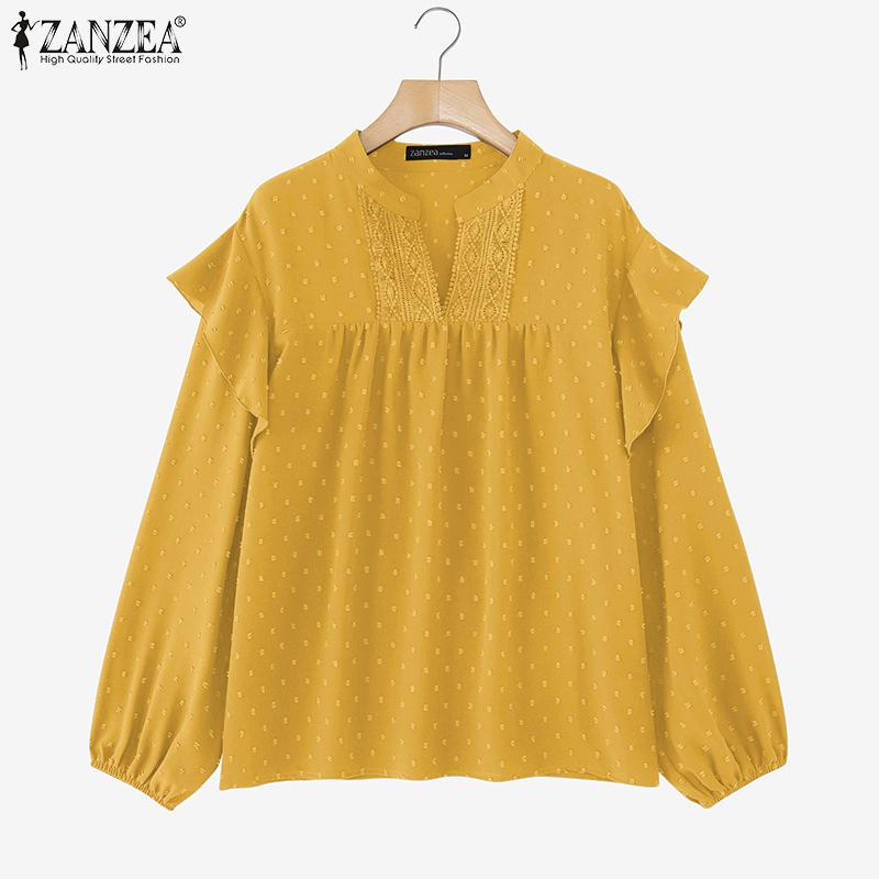 ZANZEA Women Vintage Stand Collar Lantern Long Sleeve Ruffle Blouses