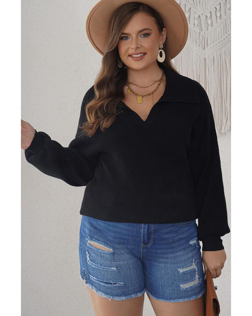 Azura Exchange Black Ribbed Knit Lapel Neck Curvy Sweater