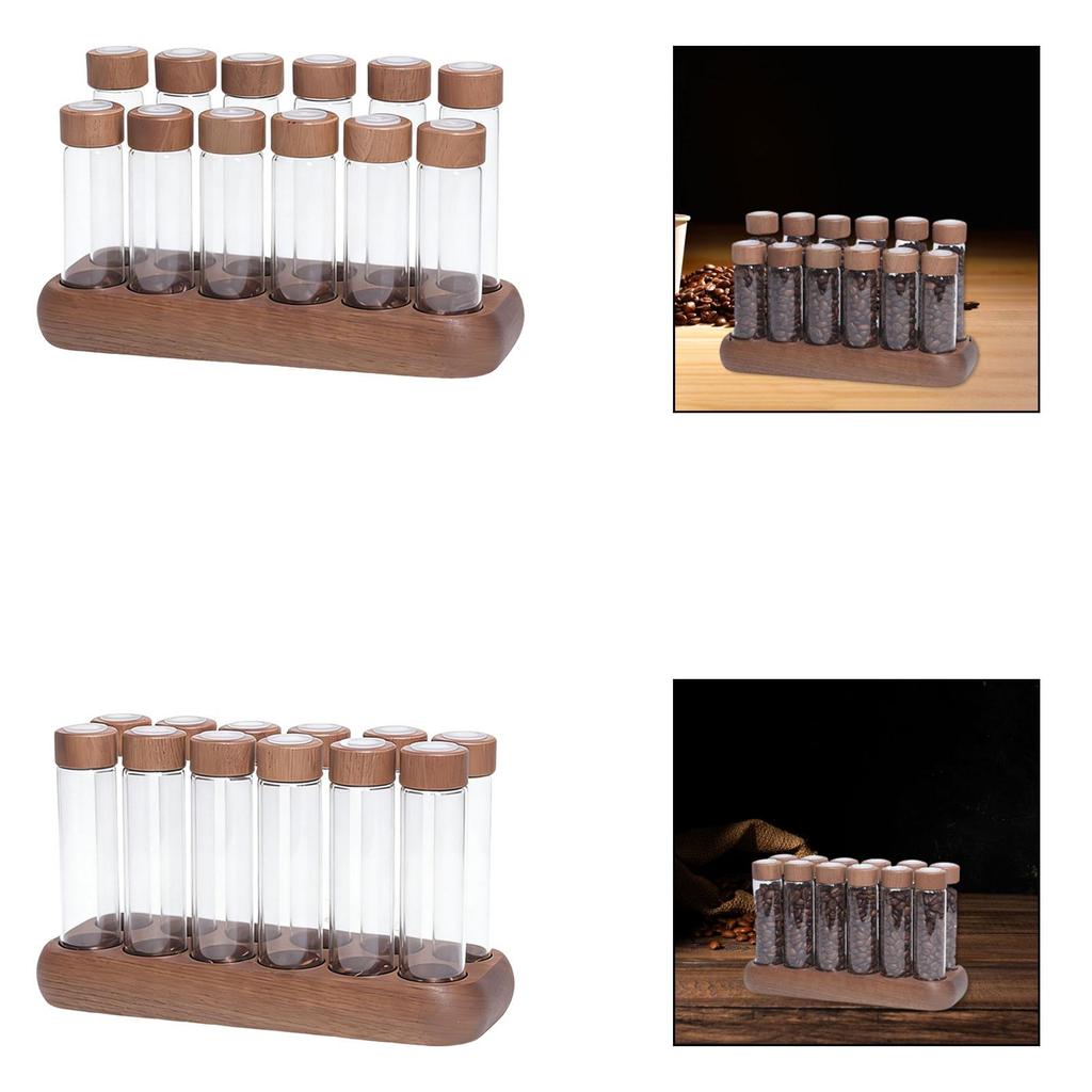 Single Dose Coffee Bean Storage Tubes Glass Airtight Container Wooden Stand Dustproof Organized for Kitchen Shelves