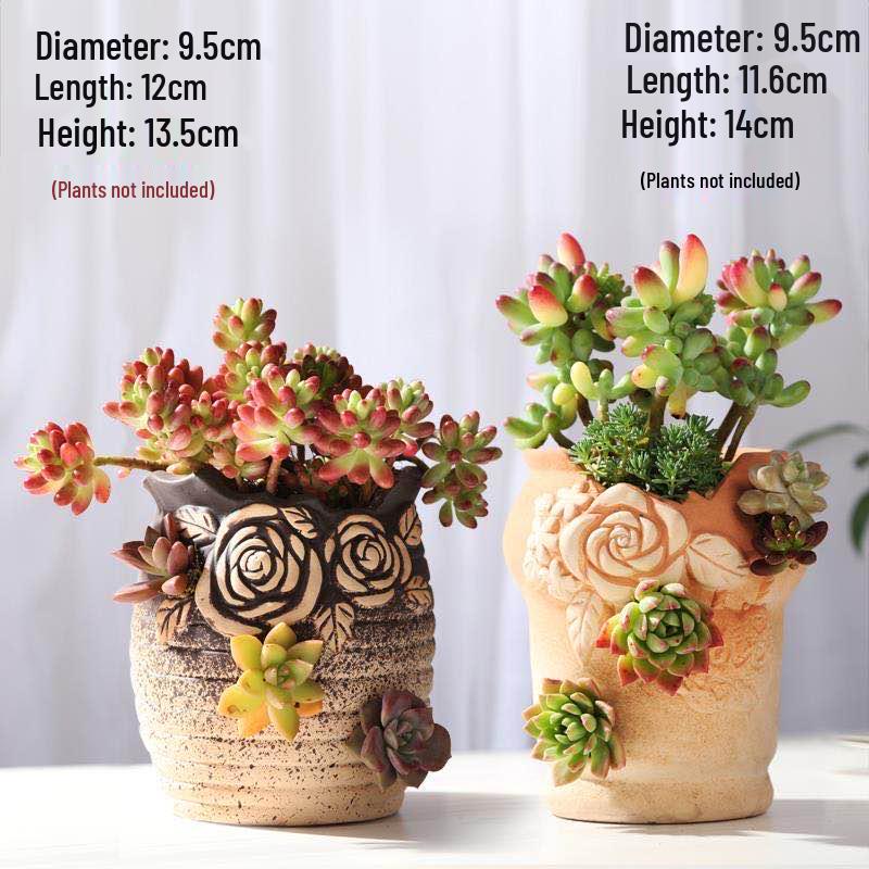 Retro Ceramic Succulent Pot - Large & Small with Creative Handmade Relief Design