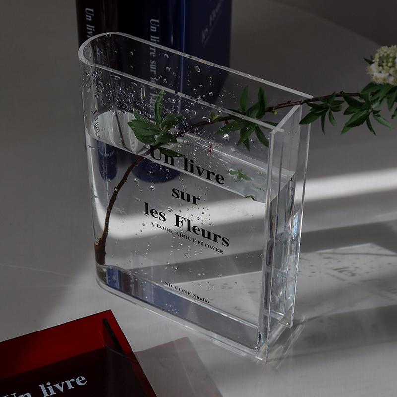 Custom Modern Transparent Acrylic Vase for Home Decoration Nordic Minimalist Style Floor Vase Stone Finish for Bookshelves/Desks