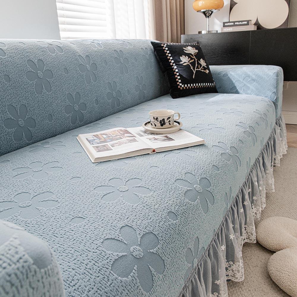 Чехол на диван с юбкой в стиле «Крем с цветами» Новый всесезонный универсальный чехол для защиты дивана с прямыми линиями и полной покрываемостью