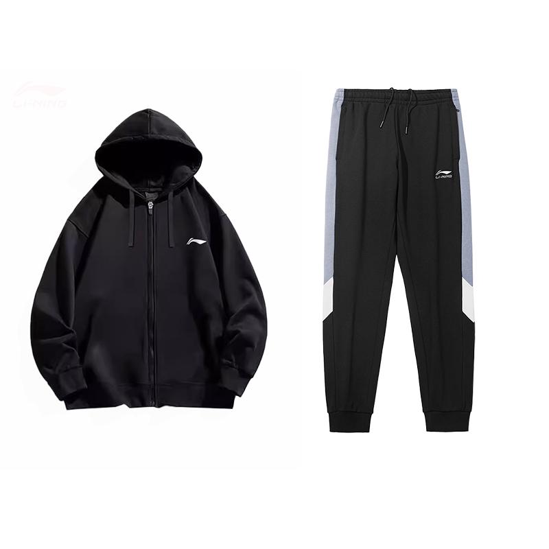 Li-Ning Минималистичный фирменный логотип, толстовка с капюшоном, застежкой-молнией, длинными рукавами и длинными штанами на шнурке, повседневный спортивный комплект YWDU347-1+AKLT607-1