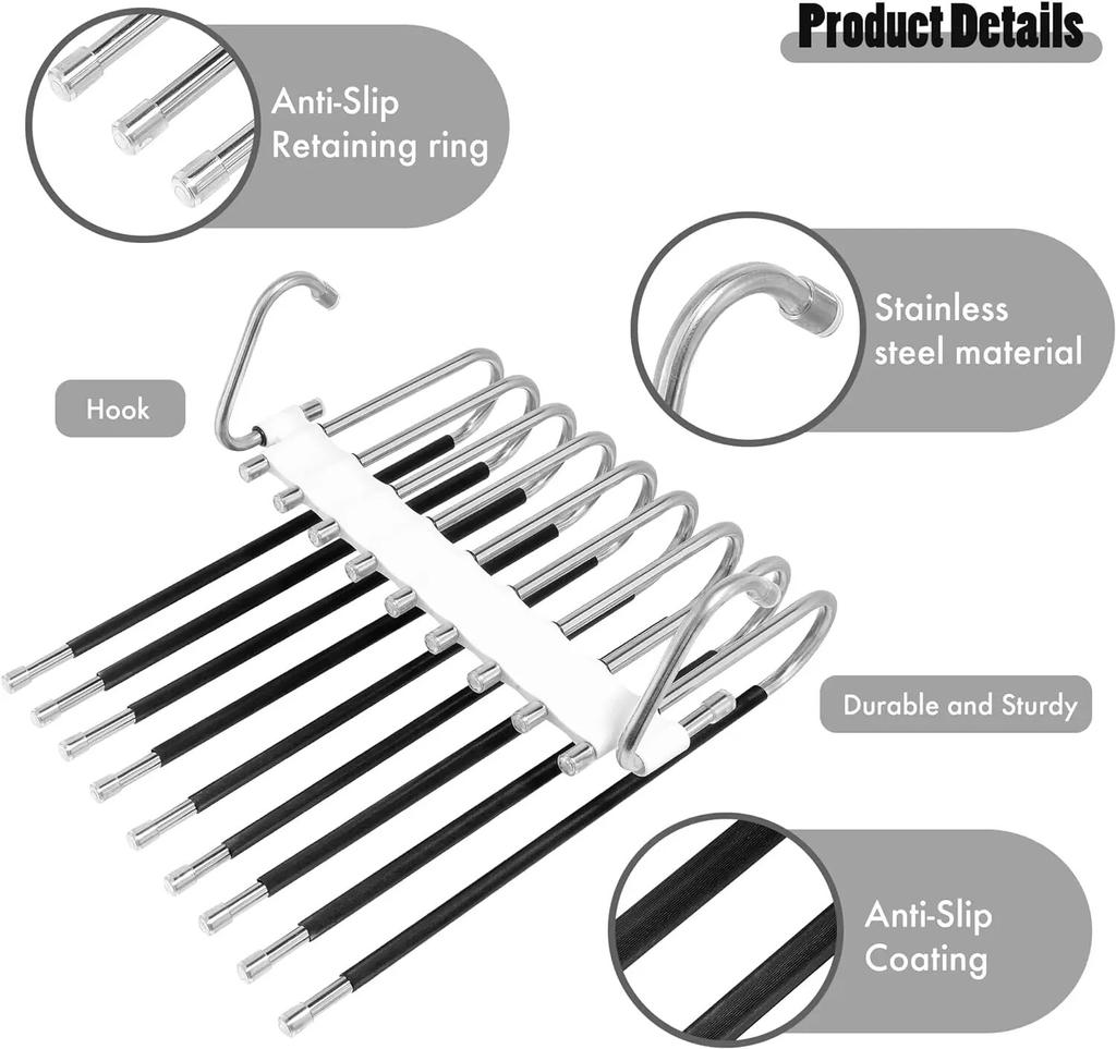 Вешалки для одежды из нержавеющей стали, 9-слойная вешалка для брюк, экономящая место, нескользящий органайзер для шкафа из полипропилена с крючками для брюк и шарфа