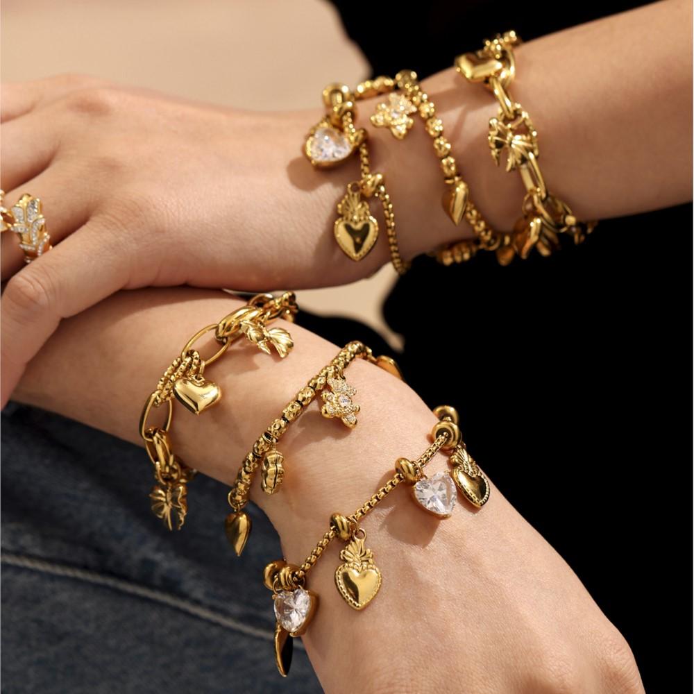 Браслет с шармами в виде мишек-сердечек из нержавеющей стали с позолотой 18 карат, водонепроницаемый, не тускнеющий, цепочный браслет с подвесками для женщин