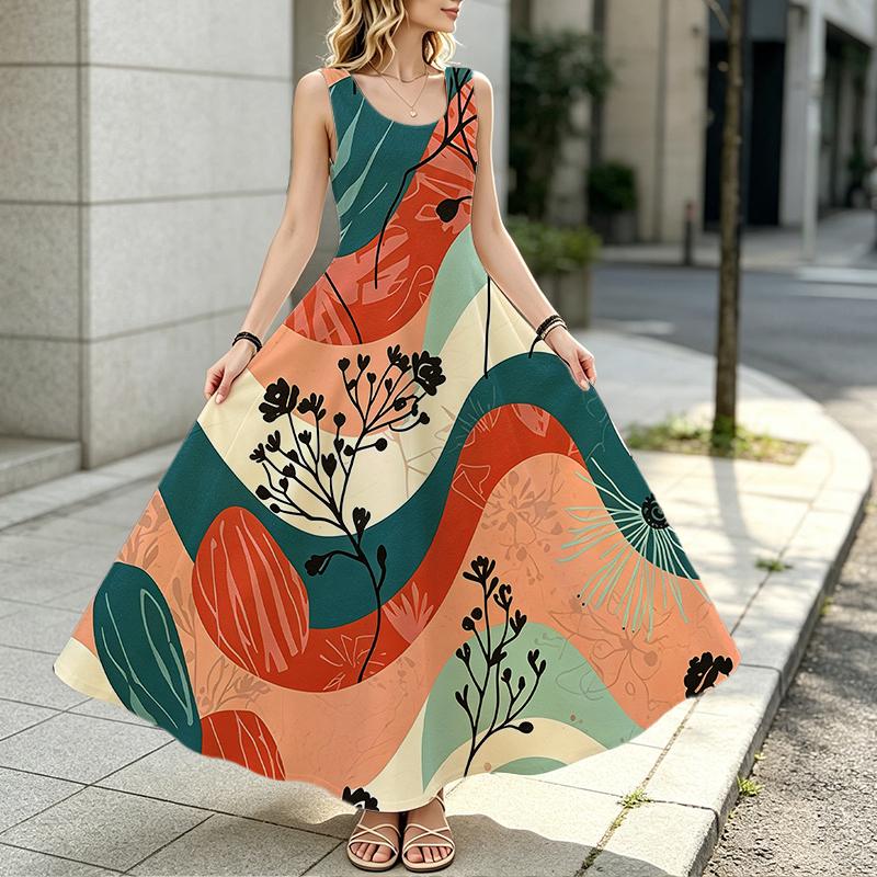 Sleeveless Maxi Dress,Vibrant Floral Beach Vacation Dress Comfy,Versatile for Daily Casual,Spring & Fall Layering