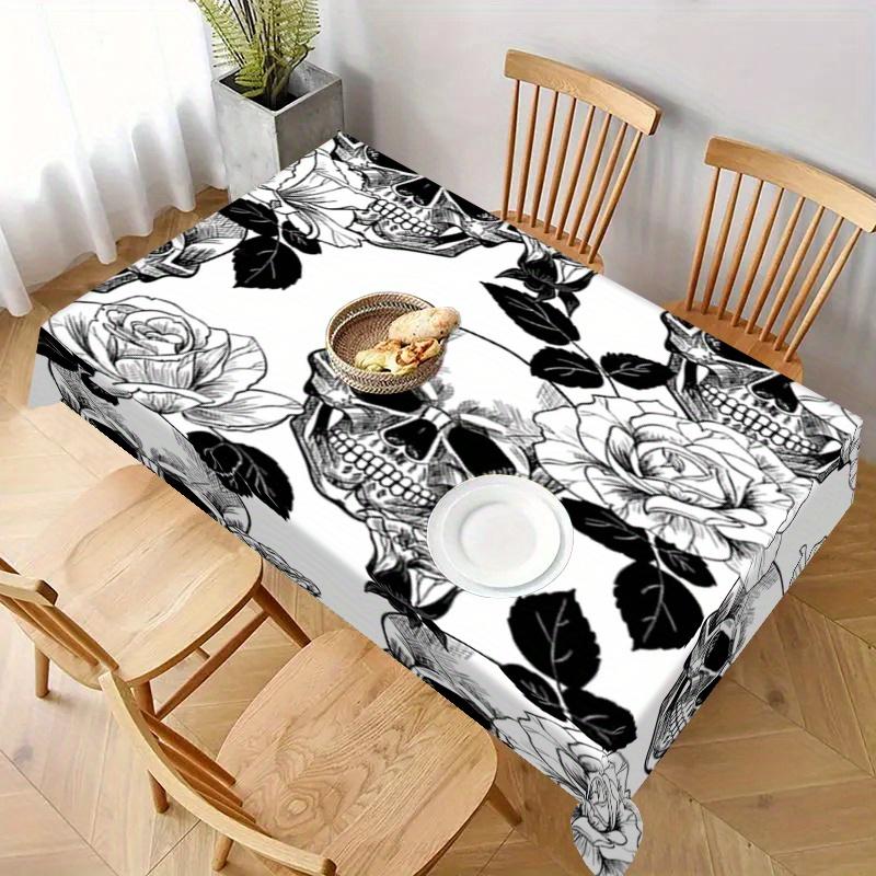 1pc Halloween Elegant Black And White Rose And Skull Pattern Tablecloth - High-Quality Wrinkle-Resistant Polyester Material, Machine Washable Suitable