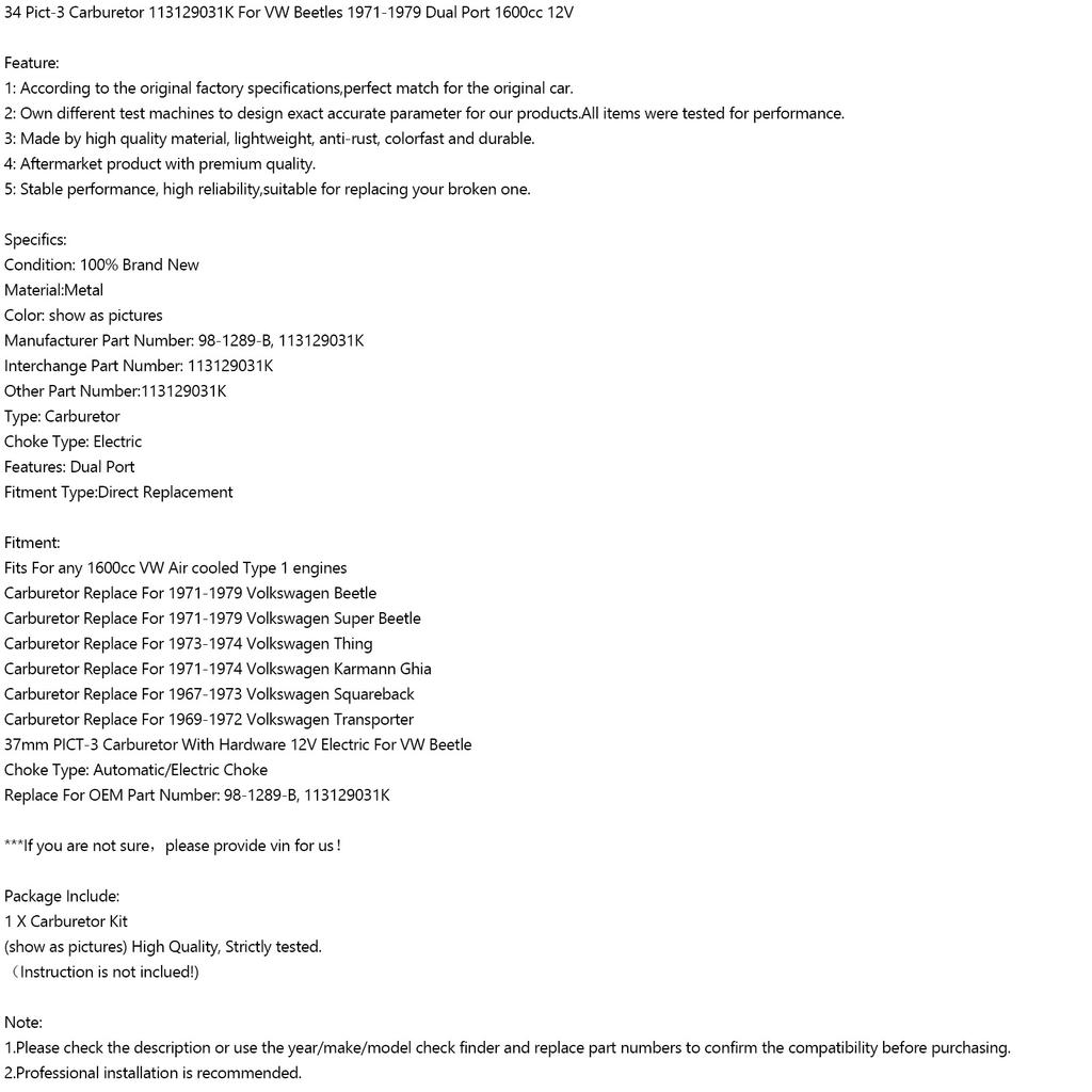 34 Pict-3 Карбюратор 113129031K для VW Beetles 1971-1979 Dual Port 1600cc 12V