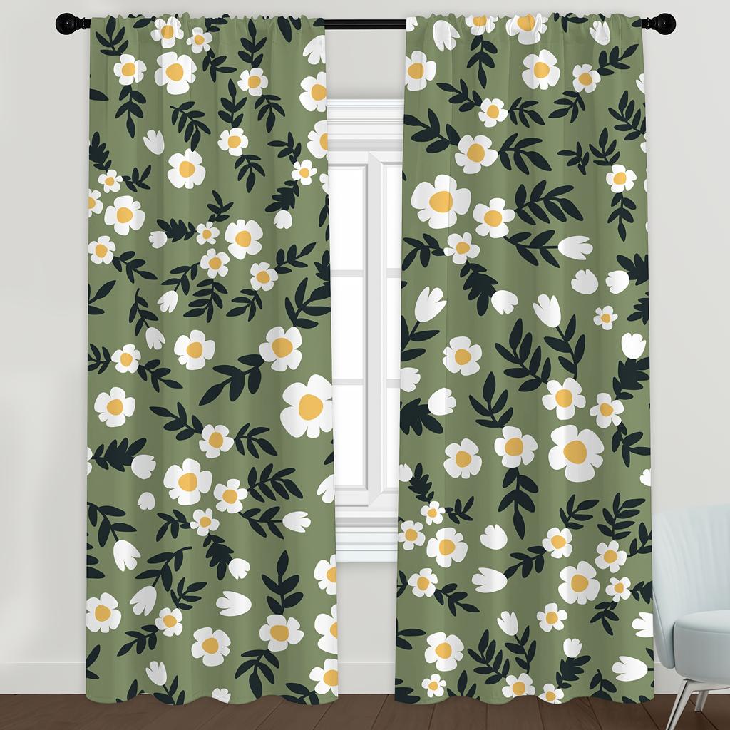 2pcs Sunflower Pattern Curtains, Rod Pocket Decorative Window Drapes Window Treatments For Bedroom Living Room Home Decoration