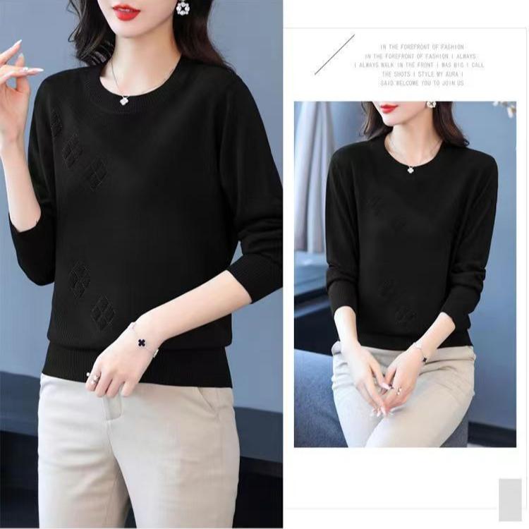 Осень-зима Женский свитер больших размеров с длинным рукавом Свободный круглый вырез Трикотажный свитер со стразами Трикотажный топ Эластичный джемпер