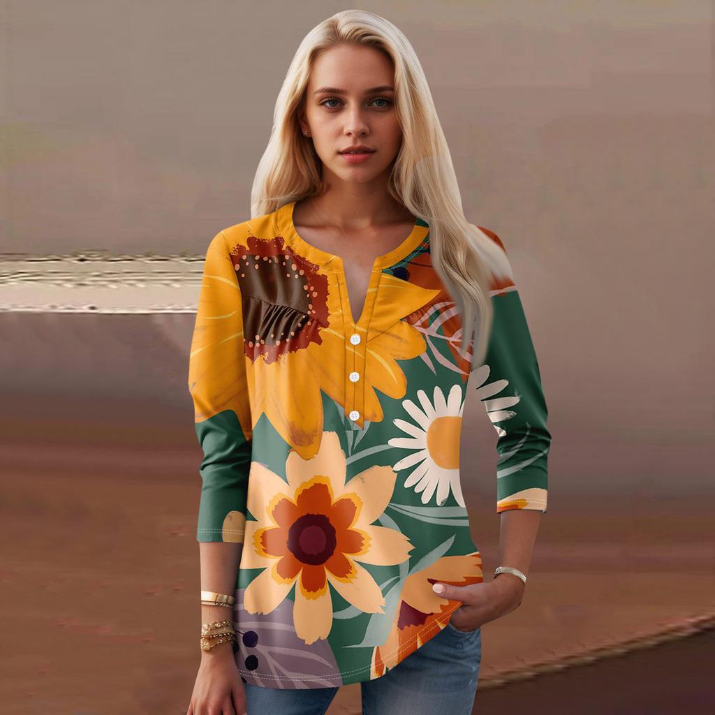 Женская мода повседневный топ с длинным рукавом и круглым вырезом с цветочным принтом