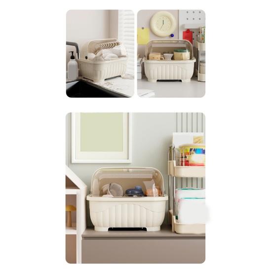 Countertop Utensil Caddy Dish Storage Box Efficient Draining Design Large Capacity Tableware Storage Container with Dustproof Lid