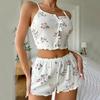 Летняя эластичная пижама с цветочным принтом для женщин, домашняя одежда, сексуальная облегающая пижама, укороченный топ и шорты, комплект из 2 предметов, одежда для сна