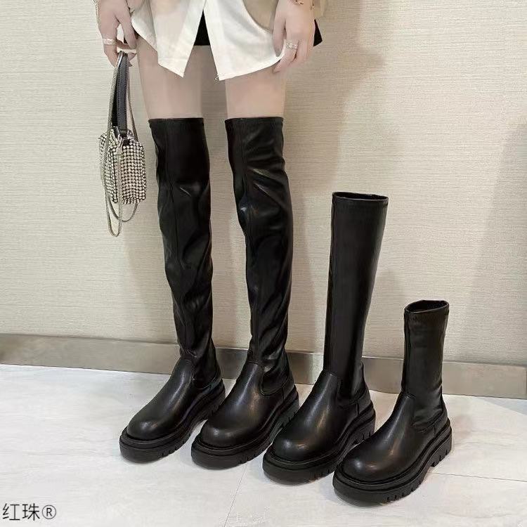 Эластичные ботфорты женские осенне-зимние новые ботинки маленького рыцаря тонкие ботинки толстый каблук длинные сапоги