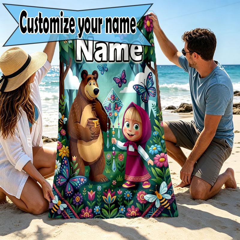 Custom Name Personalized Masha and the Bear Print Beach Towel, for Trip Camping Beach Party Home Decor, Birthday Gift for Family & Friends