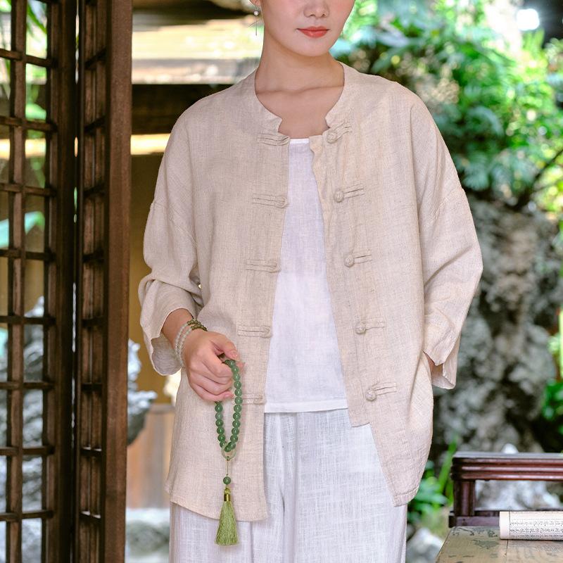 Johnature Женские винтажные льняные рубашки на пуговицах, топы, весенние однотонные женские блузки со стойкой с семью рукавами в китайском стиле
