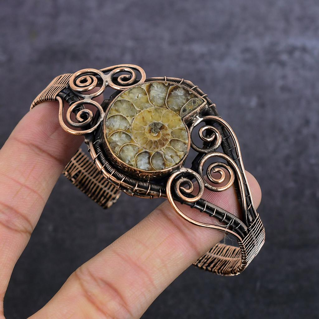 Natural Ammonite Fossil Gemstone Copper Wire Wrap Cuff Bangle Adjustable K7y53