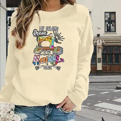 Топы для женщин с принтом швейной машины, круглым вырезом и длинным рукавом, футболка, осенний повседневный тонкий пуловер, женский топ с длинным рукавом