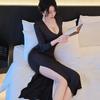 Slim Fitting Warp Hip Dress Sexy Side Slit Long Sleeve Spring Summer New Black Maxi Dresses Bodycon Women Streetwear Robe
