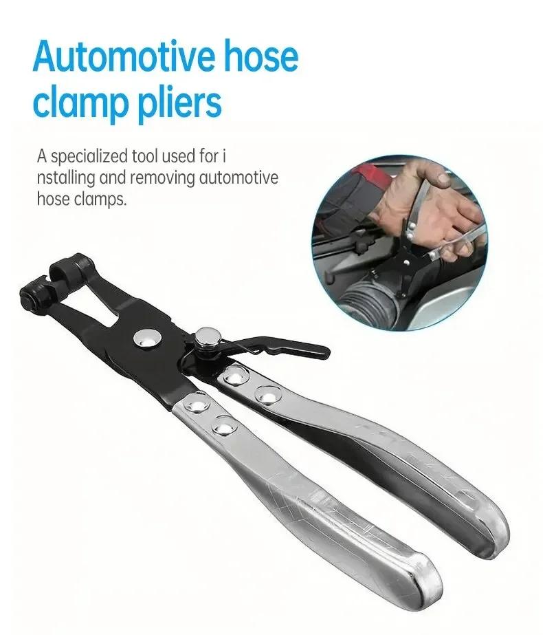 Плоскогубцы для хомутов для шлангов водопроводных труб автомобиля. Зажим с поворотным приводом. Инструмент для фиксации губок. Снятие и установка кольцевых плоских хомутов для шлангов.