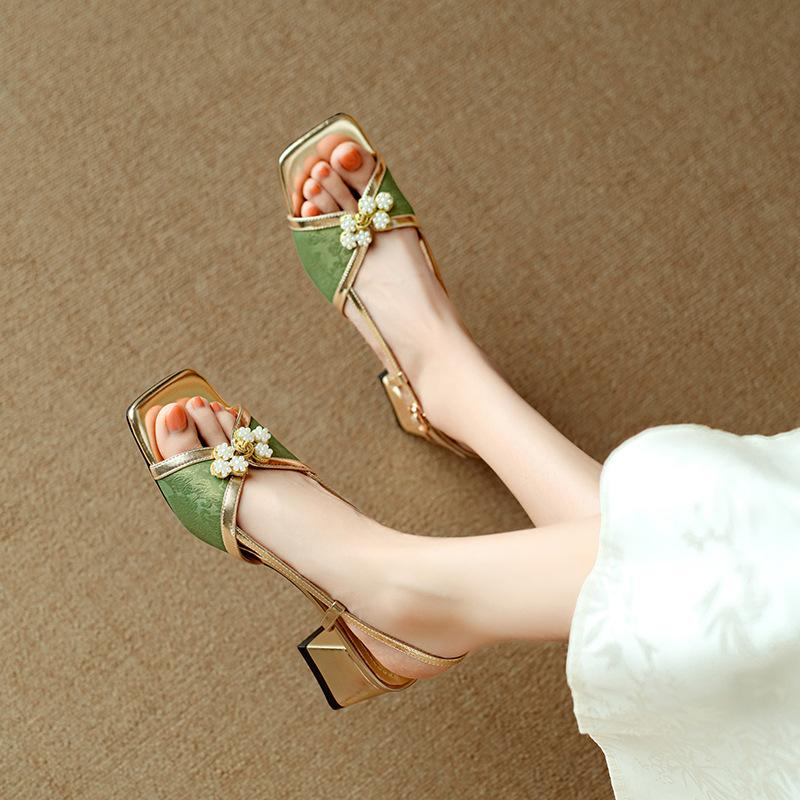 Square Head Beaded Disc Buckle Open-toed Sandals Women's Summer Retro National Style Thick Middle Heel with Sandals