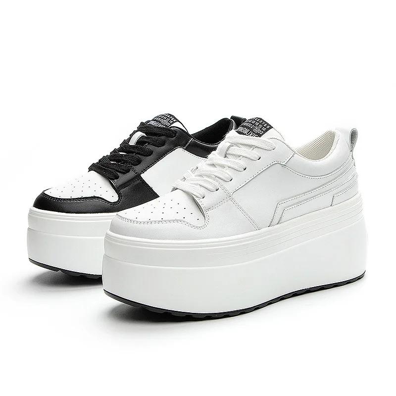 8CM Genuine Leather Vulcanized Lace Up Hidden Heels Autumn Chunky Sneakers Platform Wedge Women Summer Spring Bling Shoes