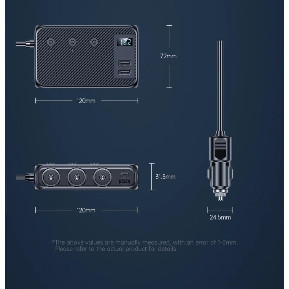 7 In 1 Car Charger 128W Multiple USB Charging Ports Socket Adapter QC-3.0 PD-30W Phone Charger with Switch for Car
