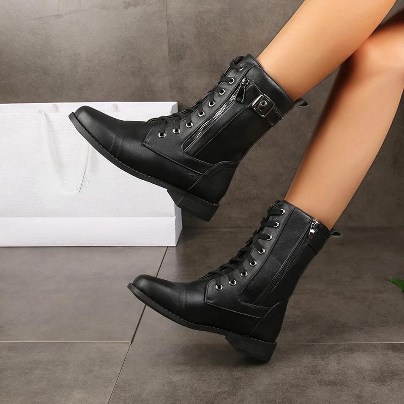2024 New Plus Size Retro Women Western Boots Punk Lace Up Buckle Motorcycle Boots Zipper Mid Calf Boots Ladies Short