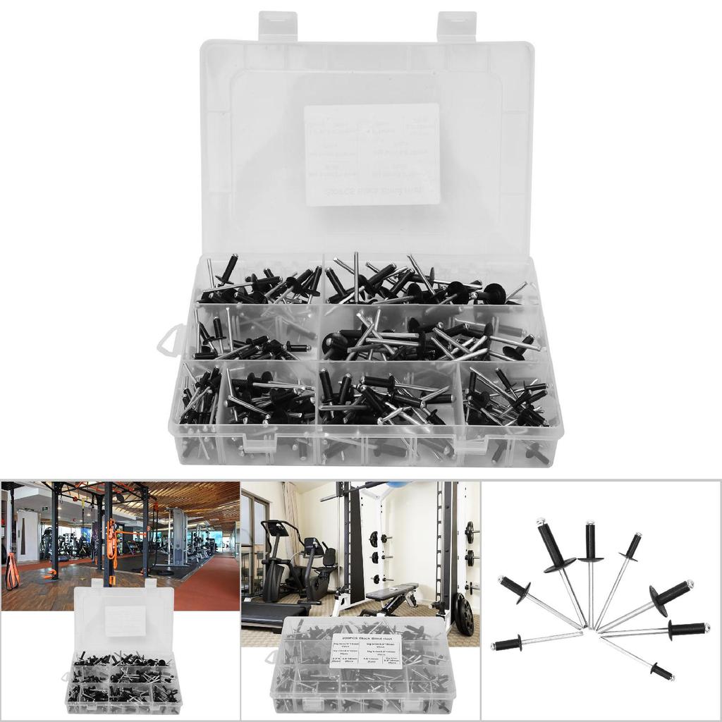 200 Pcs Black Blind River Kit High Strength Round Head Blind Rivet Assortment Kit