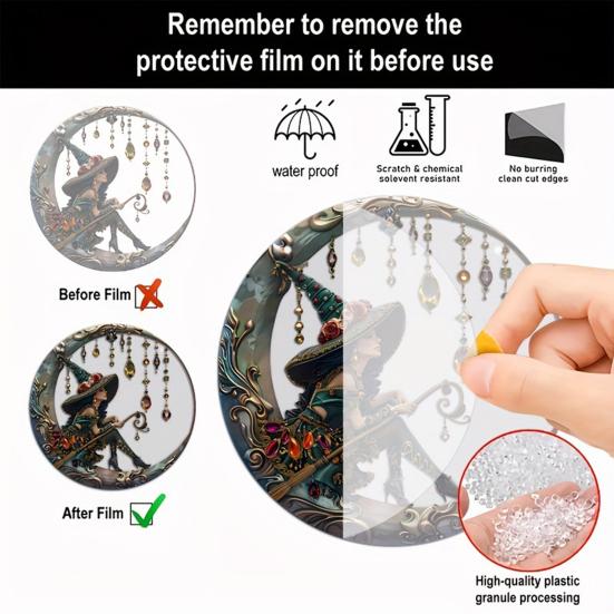 Halloween Moon Witch Hanging Decoration Stained Glass 2D Flat Acrylic Faux Crystal Pendant Witch Suncatcher Wall Window Hanging Sign Ornament