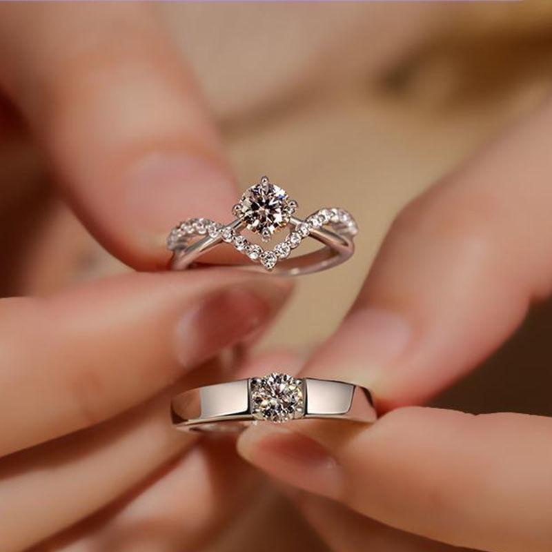 2PCS 925 Sterling Silver Ring Adjustable Open Couple Engagement Rings for Women Men Wedding Ring Party Fashion Jewelry Gift