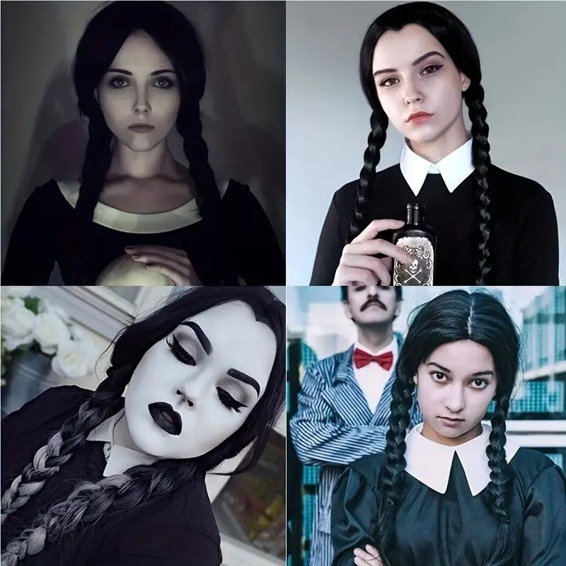 Black Wednesday cos wig, Adams family, double braids, ponytail, full hood