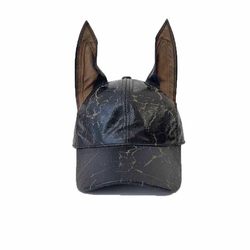 Punk Rabbit Ear Baseball Cap, Vintage Cracked PU Leather Hat with Spiked Rivet Strap, Gothic Dark Style Cosplay Hat for Halloween Party Costume