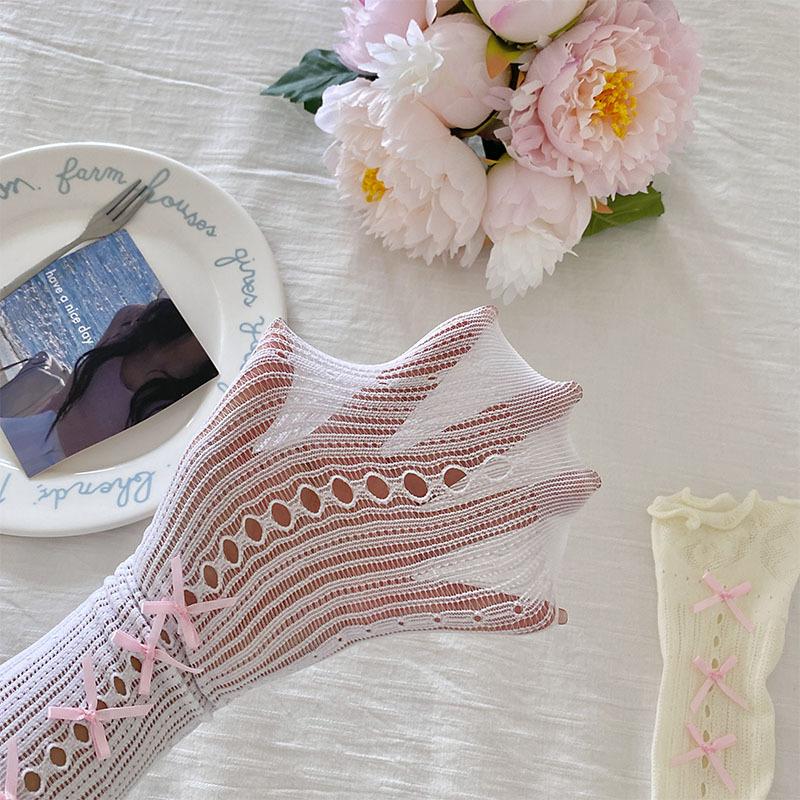 Сетчатые чулки Lolita Kawaii кружевные носки с оборками ажурные гольфы милые бантики JK Sweet Girls длинные носки женские чулки