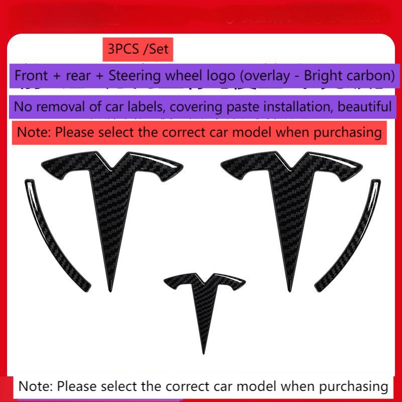 ABS Coverable Front Logo Rear Logo Steering Wheel Badge for Tesla Model 3 Y Carbon Fiber Label Car Accessories Personalization
