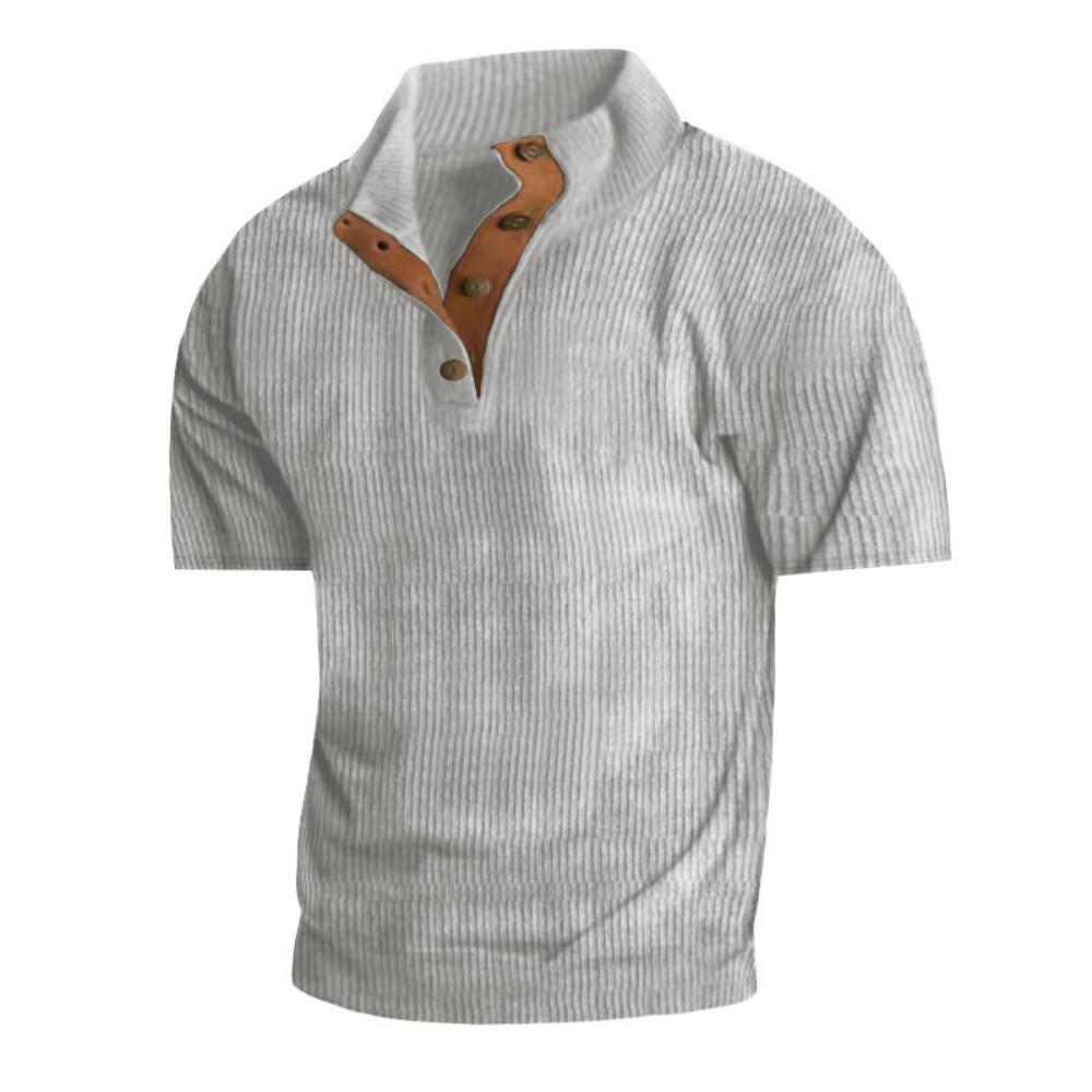 Men's Summer Casual T-shirt Button Stand-up Collar Tees Solid Color Loose Corduroy Short Sleeves Soft Skin-friendly