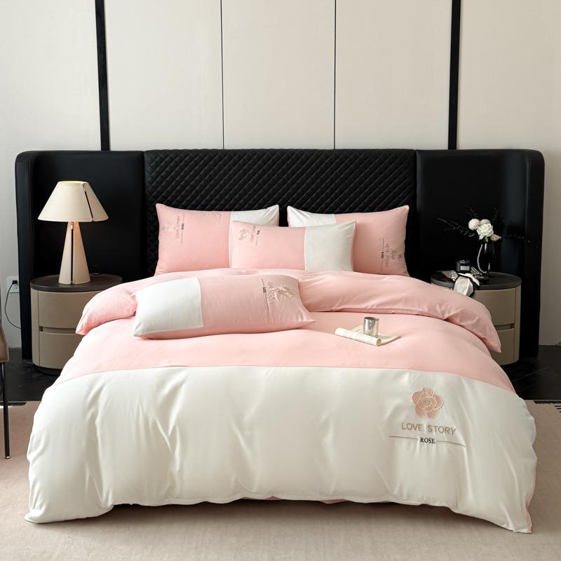 Light Luxury Ice Silk Bed Four-piece Set Double-sided Washed Cotton Embroidered Quilt Cover Bed Sheet Three-piece Set