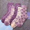 Fashion Purple Floral Embroidery Women's Cotton Socks Korean Harajuku Retro Vintage Streetwear Japanese Kawaii Girls Cute