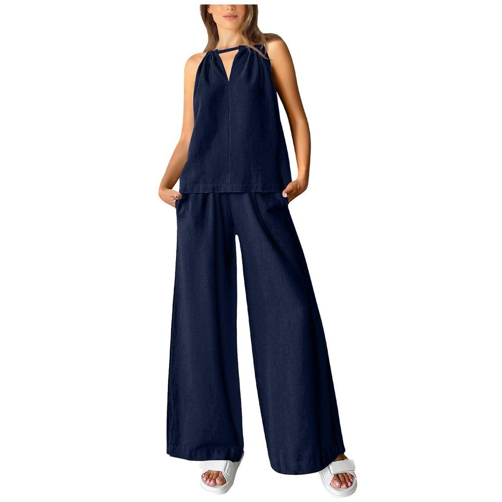 Women's Casual Summer Two Piece Outfits Cotton Linen Sets Cutout Sleeveless Top Wide Leg Pants Matching Set